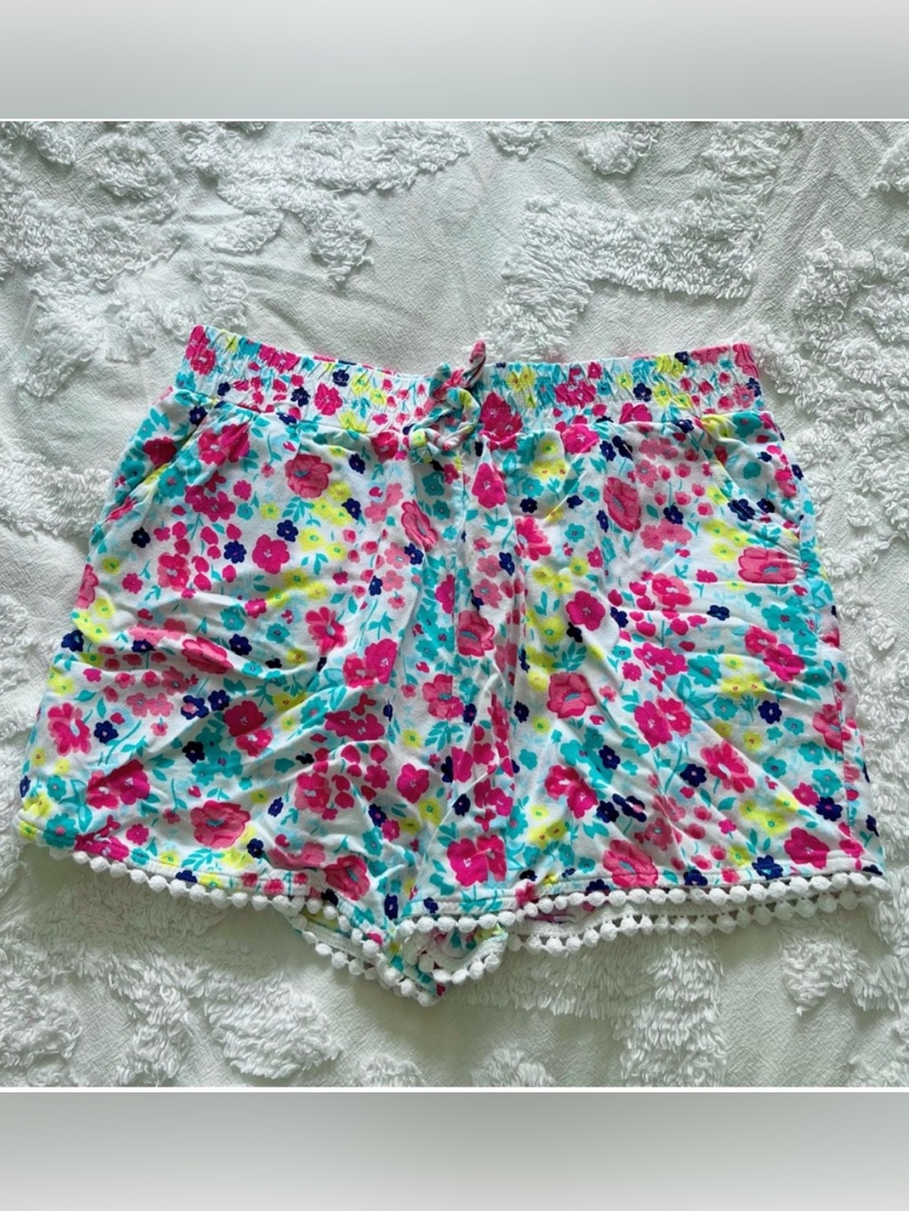 Faded Glory Floral Pom-Pom High Waist Shorts - Pink Teal Yellow